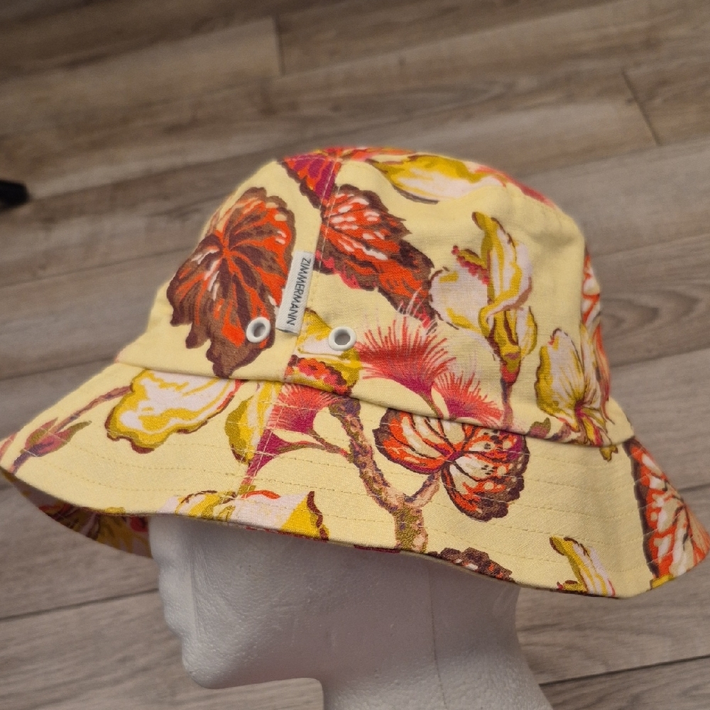 ZIMMERMANN Pastel Yellow Hibiscus Floral Pattern Linen Womens Bucket Hat RARE